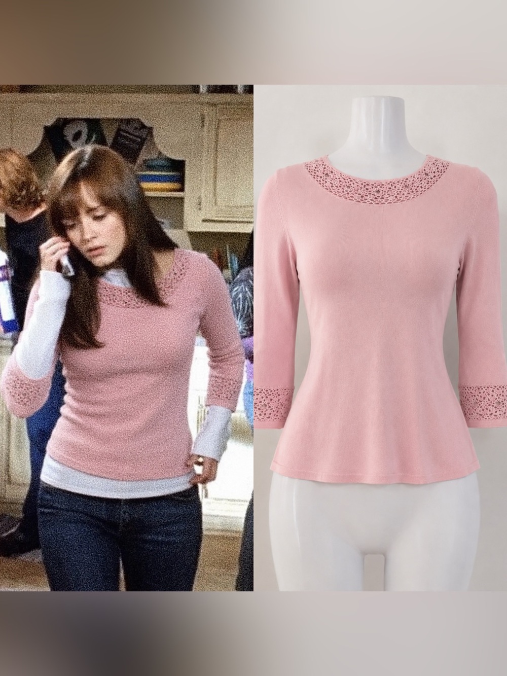 Pink Crochet-Trim Long Sleeve Tee with Beaded Details